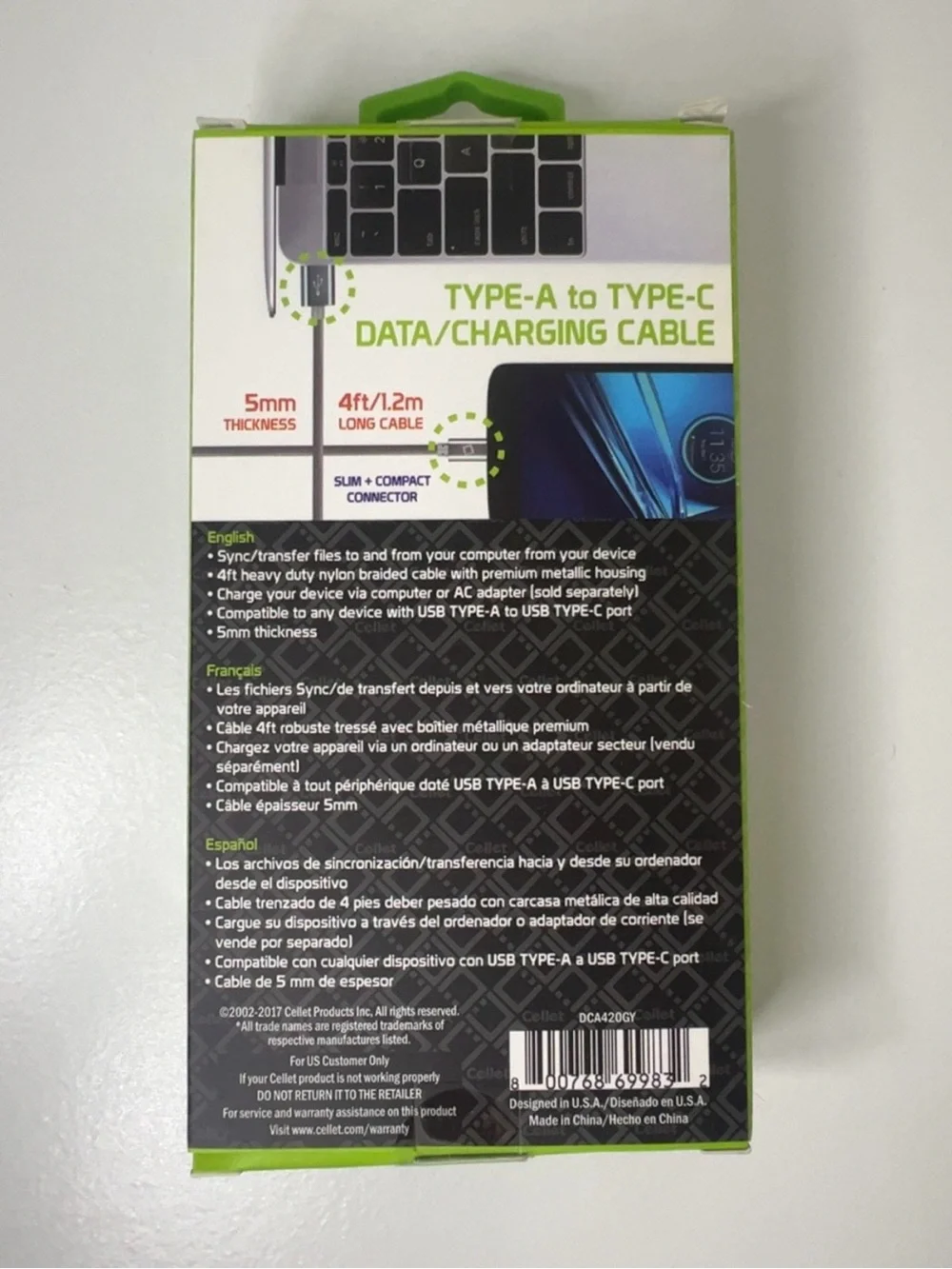 Elle Gray Nylon Braided Type-A to Type-C Data Cable